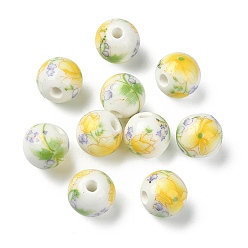 Yellow Handmade Printed Porcelain Round Beads, with Flower Pattern, Yellow, 10mm, Hole: 2mm