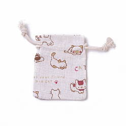 Colorful Burlap Kitten Packing Pouches, Drawstring Bags, Rectangle with Cartoon Cat Pattern, Colorful, 8.7~9x7~7.2cm