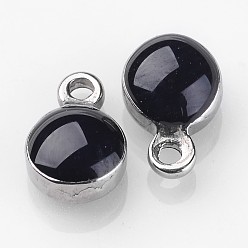 Black 304 Stainless Steel Charms, with Enamel, Enamelled Sequins, Flat Round, Stainless Steel Color, Black, 13x10x4.5mm, Hole: 1mm