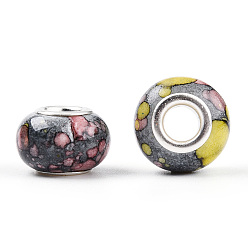 Dark Gray Opaque Resin European Beads, Imitation Crystal, Two-Tone Large Hole Beads, with Silver Tone Brass Double Cores, Rondelle, Dark Gray, 14x9.5mm, Hole: 5mm