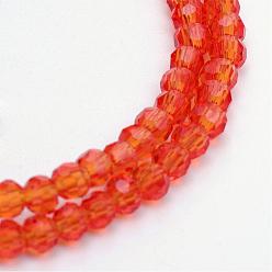 Orange Red Transparent Glass Bead Strands, Faceted(32 Facets) Round, Orange Red, 4~5mm, Hole: 0.5mm, about 93~98pcs/Strand, 14.17~14.57 inch(36~37cm)