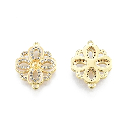 Real 18K Gold Plated Ion Plating(IP) Brass Micro Pave Clear Cubic Zirconia Connector Charms, with Enamel, for Half Drilled Bead, Flower Link, Real 18K Gold Plated, 18x15x3mm, Hole: 1mm, Pin: 0.8mm