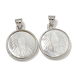 Платина Стойки с латунным покрытием, подвески из натуральных белых ракушек с паве, плоские круглые прелести, платина, 20x17x3.5 мм, отверстие : 5 мм