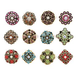 Античное Золото 12шт изысканная брошь со стразами, Плоская круглая, ромбовидная и цветочная брошь из сплава со стразами для свадебного торжества, античное золото , античное золото , 23~30x24~30 мм, о 12 шт / комплект
