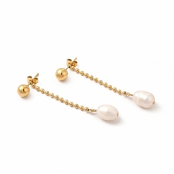 Golden Ion Plating(IP) 304 Stainless Steel Ball Chain Stud Earrings, Pearl Dangel Earrings for Women, Golden, 50mm, Pin: 0.6mm