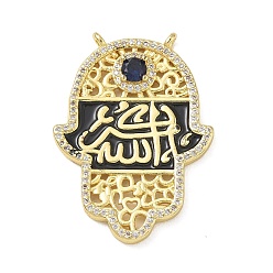 Black Brass Micro Pave Clear Cubic Zirconia Pendants, Hamsa Hand Charm, with Enamel, Golden, Black, 34.5x25x4.5mm, Hole: 1.5mm