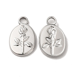 Stainless Steel Color 304 Stainless Steel Pendants, Oval with Flower Charm, Stainless Steel Color, 17x11x2mm, Hole: 3mm