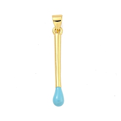 Sky Blue Real 18K Gold Plated Brass Pendants, with Enamel, Stick Charm, Sky Blue, 29x3.5mm, Hole: 3.5mm