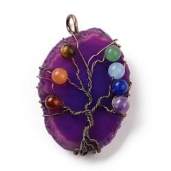 Purple Natural Agate Big Pendants, with Rack Plating Brass Wires, Chakra Gemstone Beads, Cadmium Free & Lead Free, Dyed & Heated, Nuggets with Tree, Red Copper, Purple, 58~62x37~47x13~14mm, Hole: 4~6mm