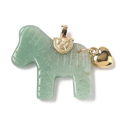 Зеленый Авантюрин Резные подвески из натурального зеленого авантюрина, Подвески в виде лошади с латунным сердцем, золотые, 37.5~38.5x38.5~42x8~8.5 мм, отверстие : 5.5x3.5 мм