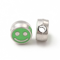 Spring Green Rack Plating Alloy Enamel Beads, Cadmium Free & Nickel Free & Lead Free, Flat Round with Smiling Face Pattern, Platinum, Spring Green, 7.5x4mm, Hole: 2mm