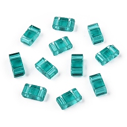 Teal 2-Hole Glass Seed Beads, Transparent Colours, Rectangle, Teal, 4.5~5.5x2x2~2.5mm, Hole: 0.5~0.8mm