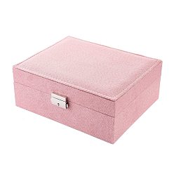 Pink Velvet & Wood Jewelry Boxes, Portable Jewelry Storage Case, with Alloy Lock, for Ring Earrings Necklace, Rectangle, Pink, 23.1x18.7x9.1cm