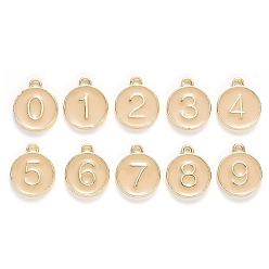 PeachPuff Light Gold Plated Alloy Enamel Charms, Enamelled Sequins, Flat Round with Number, Number 0~9, PeachPuff, 14.5x12x2.5mm, Hole: 1.4mm, 10pcs/set