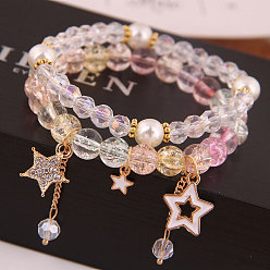 Clear 2Pcs 2 Style Glass Round Beaded Stretch Bracelets Set,  Alloy Star & Moon & Planet Charms Bracelets for Women, Clear, Inner Diameter: 6-7/8 inch(17.5cm), 1Pc/style