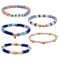 Blue 5Pcs 5 Style HAPPY Disc & Column Beads Stretch Bracelets Sets for Teen Girl Women, Handmade Polymer Clay & Brass & Acrylic Enamel Beads Bracelet, Blue, Inner Diameter: 2-1/8~2-1/8 inch(5.3~5.5cm), 1pc/style