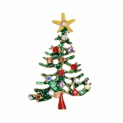 Christmas Tree Alloy Rhinestone Brooch, Enamel Pins, Christmas Tree, 48x33mm