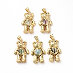 Mixed Color Rack Plating Brass Micro Pave Cubic Zirconia Pendants, Cadmium Free & Lead Free, Real 18K Gold Plated, Long-Lasting Plated, Mechanical Charm, Bear with Heart Charm, Mixed Color, 30x17x7mm, Hole: 3.5x4.5mm