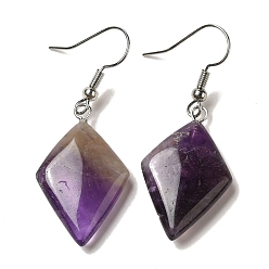 Аметист Серьги-подвески с натуральным аметистом и ромбами, платиновые латунные серьги, 45.5x18 мм