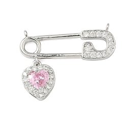 Pink Латунные микропаве прозрачные подвески с фианитом, форма скрепки с сердцем, платина, розовые, 18.5x25x5 мм, отверстие : 1 мм