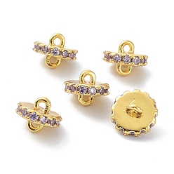 Lavender Eco-Friendly Brass Links Connectors, with Cubic Zirconia, Long-Lasting Plated, Real 18K Gold Plated, Flat Round, Lavender, 7x5.5mm, Hole: 1mm