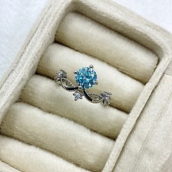 Cielo Azul Oscuro Anillos de dedo ajustables de latón con micro pavé de circonita cúbica para mujer, corona, Platino, cielo azul profundo, 15~20 mm