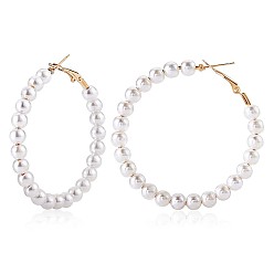 Golden Shell Pearl Beaded Big Hoop Earrings, Alloy Jewelry for Women, Golden, 53.5mm, Pin: 0.8mm