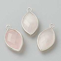 Quartz Rose Naturel a augmenté pendentifs en quartz, avec bord en laiton platine, facette, oeil de cheval, 22x12x5.5mm, Trou: 1.8mm