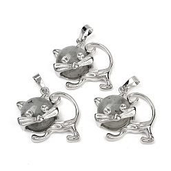 Лабрадорита Подвески с котятами из натурального лабрадорита, милые латунные подвески в форме кошки, платина, долговечный, стойки покрытие, 28.5x30.5x10 мм, отверстие : 8x5 мм