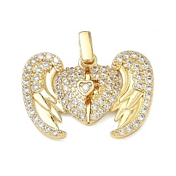 Настоящее золото 18K Латунные микропаве прозрачные подвески с фианитом, крылатые прелести, без свинца и без кадмия, стойки покрытие, долговечный, реальный 18 k позолоченный, 21x26x4 мм, отверстие : 3.4x2.6 мм