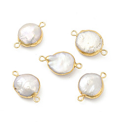 Light Gold Baroque Natural Keshi Pearl Connector Charms, Flat Round Links, with Brass Double Loops, Light Gold, 21~23x13~15x5~7mm, Hole: 1.8mm