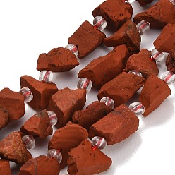 Red Jasper Natural Red Jasper Beads Strands, Raw Rough, Nuggets, with Seed Beads, 8~19x7~10x6~8mm, Hole: 1mm, about 28~30pcs/strand, 15.16''(38.5cm)~15.94''(40.5cm)