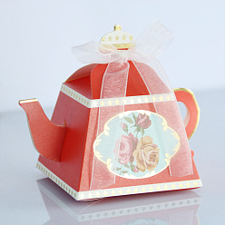 Red Teapot Foldable Creative Paper Gift Box, Flower Pattern Candy Box with Ribbon, Decorative Gift Box for Wedding, Red, 8.5x8.5x10.5cm