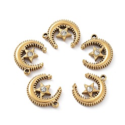 Golden 304 Stainless Steel Pendants, with Rhinestone, Moon with Star Charm, Golden, 22x17.5x4mm, Hole: 1.8mm