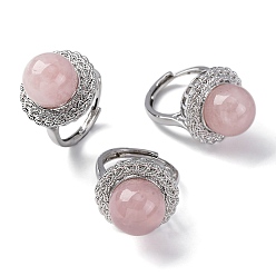 Розовый Кварц Натуральный розовый кварц круглые регулируемые кольца для пальцев, платиновое латунное кольцо, стойки покрытие, долговечный, круглый : 21 мм, внутренний диаметр: американский размер 8 1/2 (18.5 мм)