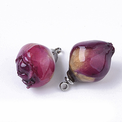 Purple Handmade Natural Real Rose Dried Flower Pendants, Covered with Clear Epoxy Resin, with 304 Stainless Steel Peg Bails Pendants, Stainless Steel Color, Purple, 15.5~18x8~12.5x8~11.5mm, Hole: 1.4mm