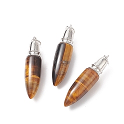 Tiger Eye Natural Tiger Eye Big Pendants, with Jump Ring, Bullet Charms with Platinum Plated Brass Findings, 49.5~51x12mm, Hole: 6mm