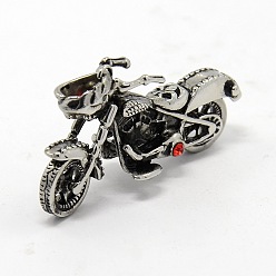 Antique Silver Retro Men's 304 Stainless Steel Mini 3D Motorcycle Pendants, with Rhinestones, Antique Silver, 46x24x14mm, Hole: 7x4mm