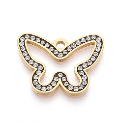 Золотой 303 подвески из нержавеющей стали, со стразами, бабочки прелести, ионное покрытие (ip), долговечный, золотые, 19.5x25.5x2 мм, отверстие : 2.2 мм