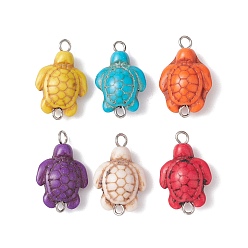 Platinum Synthetic Turquoise Dyed Connector Charms, Sea Turtle Links, Mixed Color, Platinum, 22.5x14x7mm, Hole: 1.8mm & 2.5mm