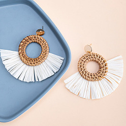 White Rattan Ring Stud Earrings, with Metal Pins, Woven Raffia Tassel Earring, Bohemia Style Dangle Earrings for Women, White, 85x65mm