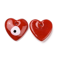 Crimson Handmade Evil Eye Lampwork Pendants, Heart, Crimson, 25x25x7.5mm, Hole: 2.8mm