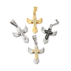 Mixed Color Vacuum Plating 304 Stainless Steel Pendants, with Rhinestone, Cross with Wing Charm, Mixed Color, 28.2x20x3.5mm, Hole: 9x5mm