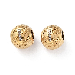 Letter X 304 Stainless Steel Rhinestone European Beads, Round Large Hole Beads, Real 18K Gold Plated, Round with Letter, Letter X, 11x10mm, Hole: 4mm