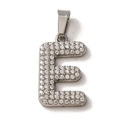 Letter E 304 Stainless Steel Micro Pave Clear Cubic Zirconia Pendants, Letter Charms, Stainless Steel Color, Letter E, 18x11x2.5mm, Hole: 6x2.5mm