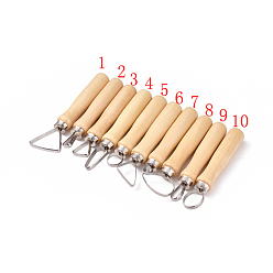 BurlyWood Pottery Sculpting Tool Sets, Stainless Steel Wooden Thick Handle Flat Wire Cutter Clay Sculpting Tool Kit, BurlyWood, 11.4~14.1x2~4.6cm, 10pcs/set