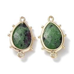 Ruby in Zoisite Natural Ruby in Zoisite Connector Charms, with Golden Plated Brass Edge Loops, Faceted, Teardrop, 24x14.5x5mm, Hole: 1.2mm & 1.4mm