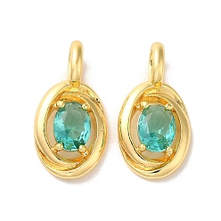 Real 18K Gold Plated Brass Micro Pave Dark Cyan Cubic Zirconia Pendants, Oval, Real 18K Gold Plated, 22.5x11.5x5.5mm, Hole: 5x3mm