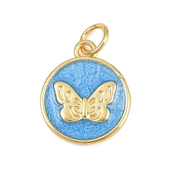 Темно-Голубой Латунь эмаль прелести, плоский круглый с подвесками в виде бабочек, стойки покрытие, без кадмия и без свинца, долговечный, реальный 18 k позолоченный, с целью перехода в кольце, глубокое синее небо, 15x12.5x2.5 мм, отверстие : 3.5 мм