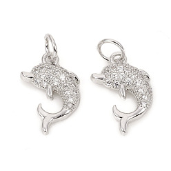 Platinum Brass Micro Pave Cubic Zirconia Charms, with Jump Rings, Dolphin, Clear, Platinum, 14x9x2.5mm, Jump Rings: 4.8x0.8mm, 3.2mm Inner Diameter